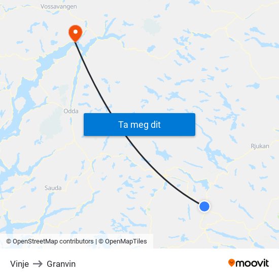 Vinje to Granvin map