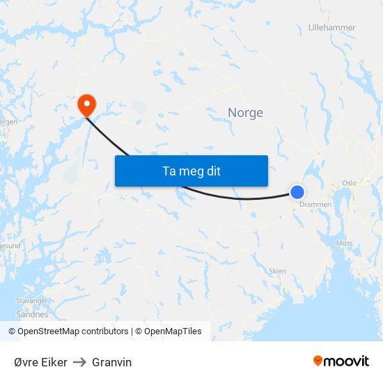 Øvre Eiker to Granvin map