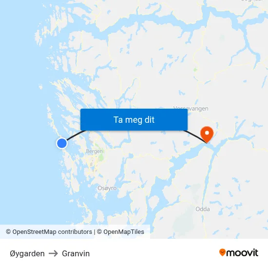 Øygarden to Granvin map
