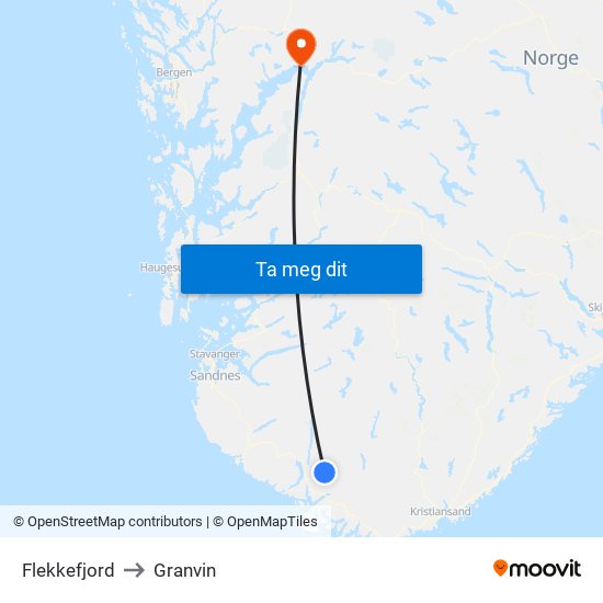 Flekkefjord to Granvin map