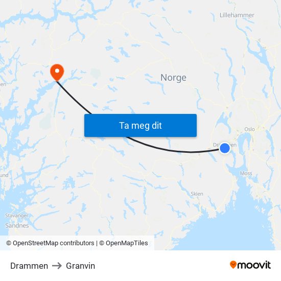 Drammen to Granvin map