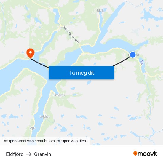 Eidfjord to Granvin map