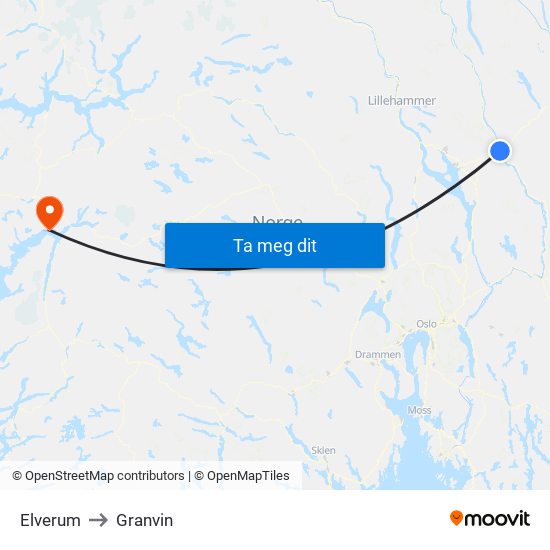 Elverum to Granvin map