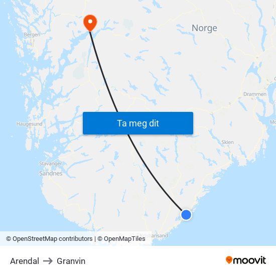 Arendal to Granvin map