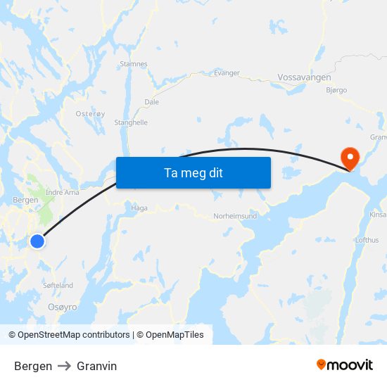 Bergen to Granvin map