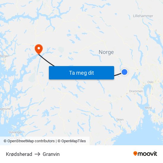 Krødsherad to Granvin map