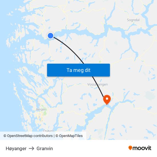 Høyanger to Granvin map