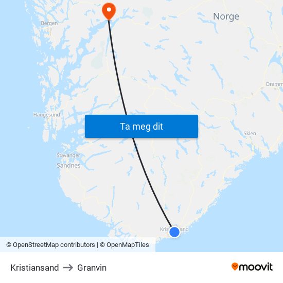Kristiansand to Granvin map