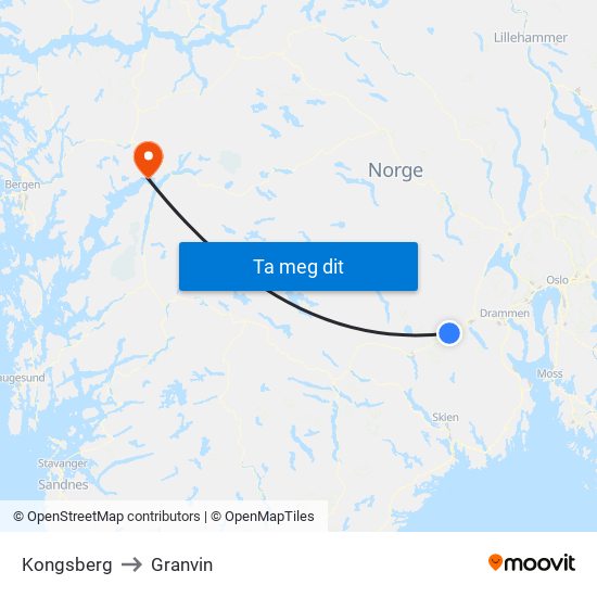 Kongsberg to Granvin map