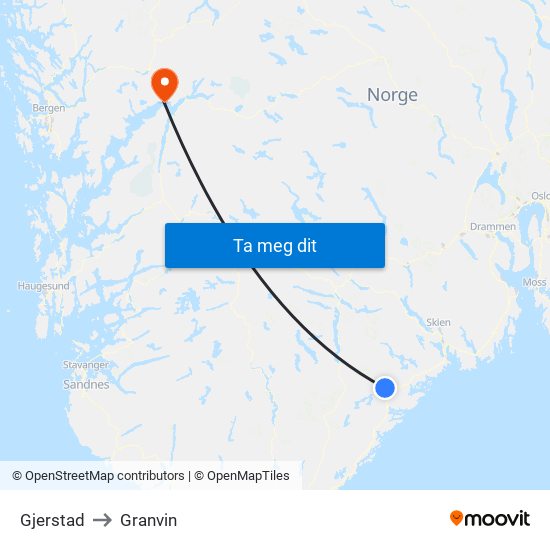 Gjerstad to Granvin map