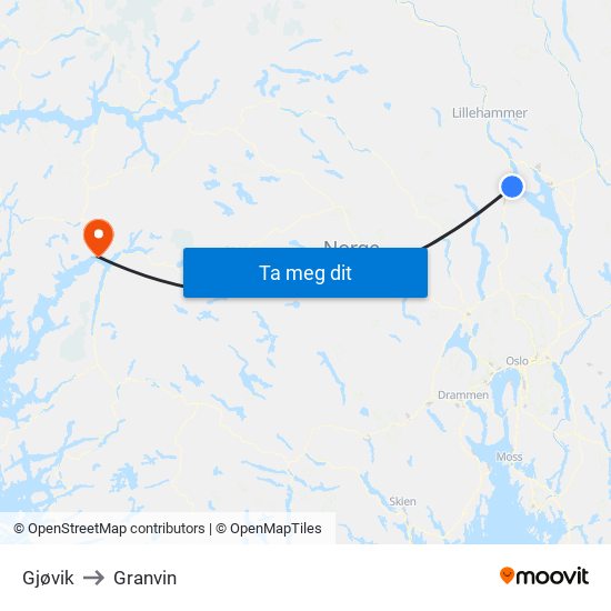 Gjøvik to Granvin map