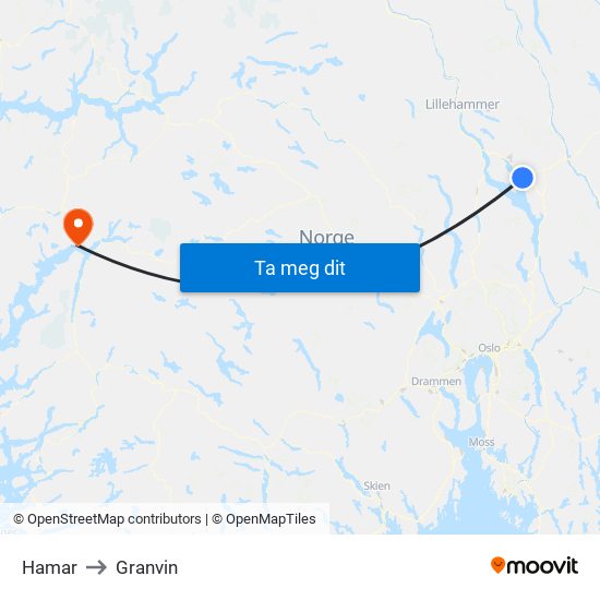 Hamar to Granvin map