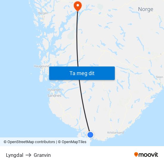 Lyngdal to Granvin map