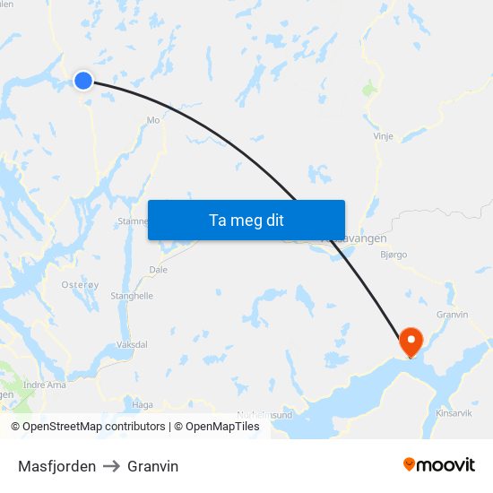 Masfjorden to Granvin map