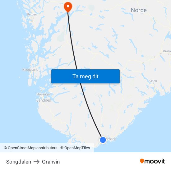 Songdalen to Granvin map