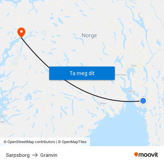 Sarpsborg to Granvin map