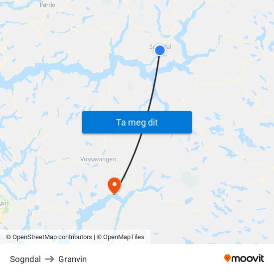Sogndal to Granvin map
