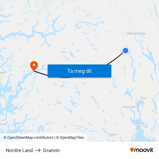 Nordre Land to Granvin map