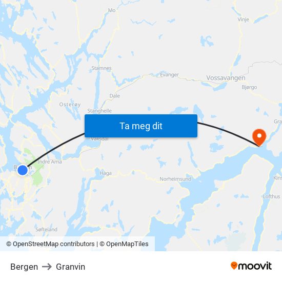 Bergen to Granvin map