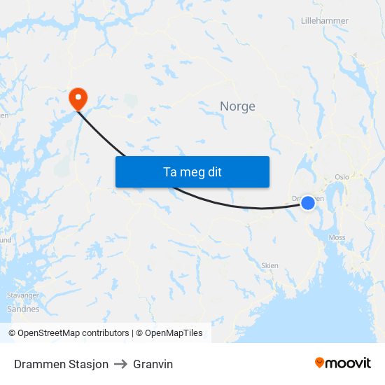 Drammen Stasjon to Granvin map