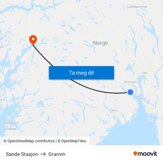 Sande Stasjon to Granvin map