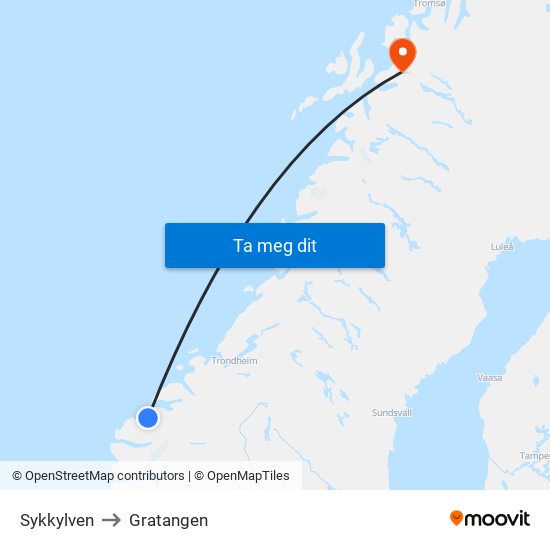 Sykkylven to Gratangen map