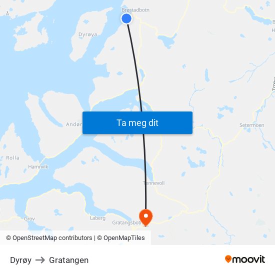 Dyrøy to Gratangen map