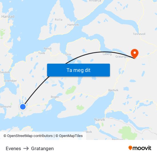 Evenes to Gratangen map