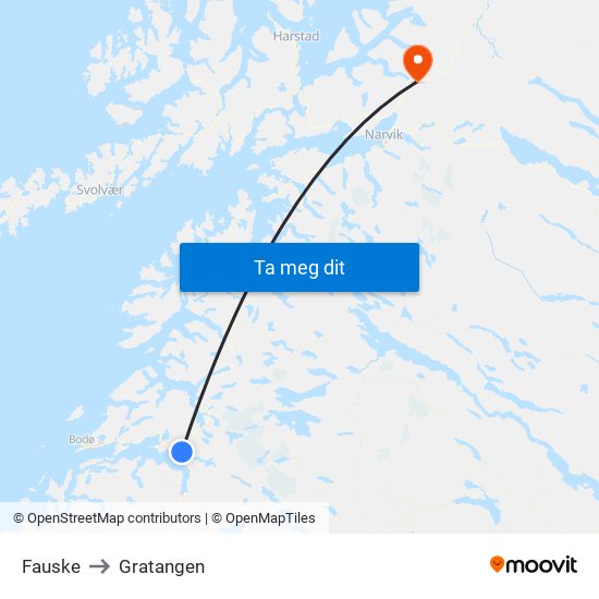 Fauske to Gratangen map