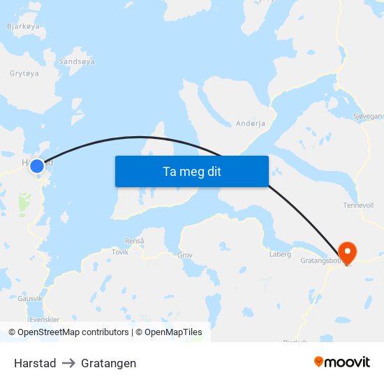 Harstad to Gratangen map