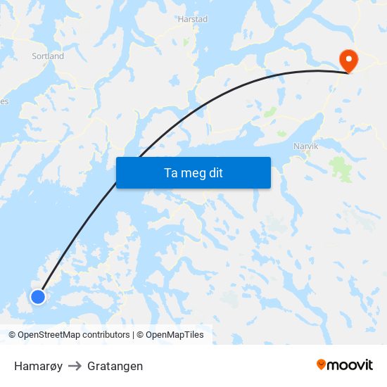 Hamarøy to Gratangen map