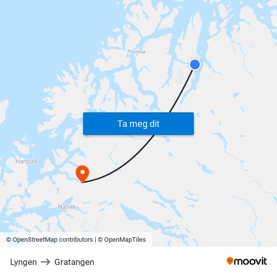 Lyngen to Gratangen map
