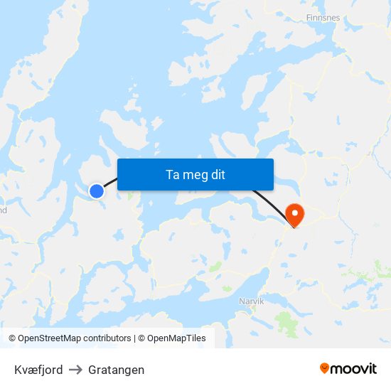 Kvæfjord to Gratangen map