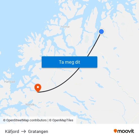 Kåfjord to Gratangen map