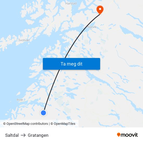 Saltdal to Gratangen map