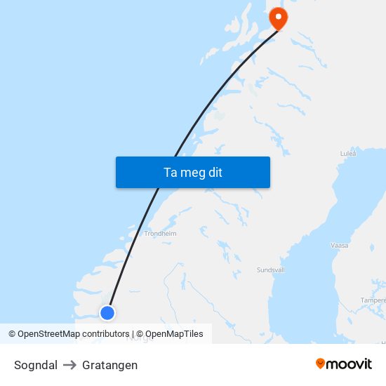 Sogndal to Gratangen map