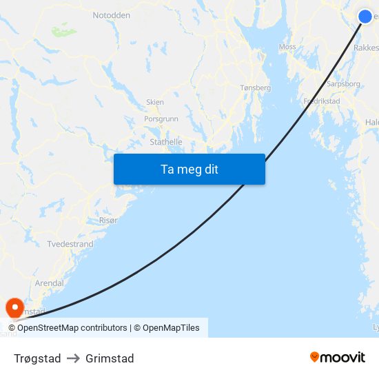 Trøgstad to Grimstad map