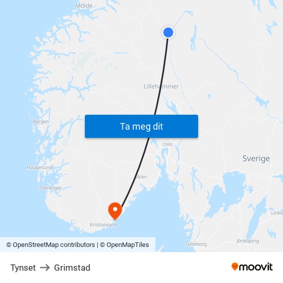 Tynset to Grimstad map