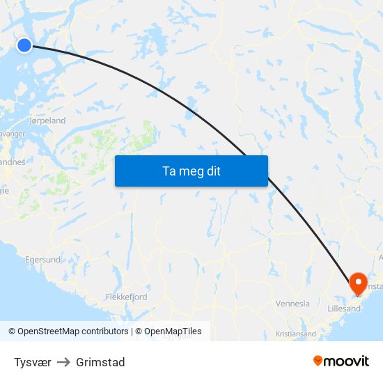 Tysvær to Grimstad map