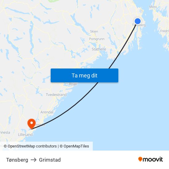 Tønsberg to Grimstad map