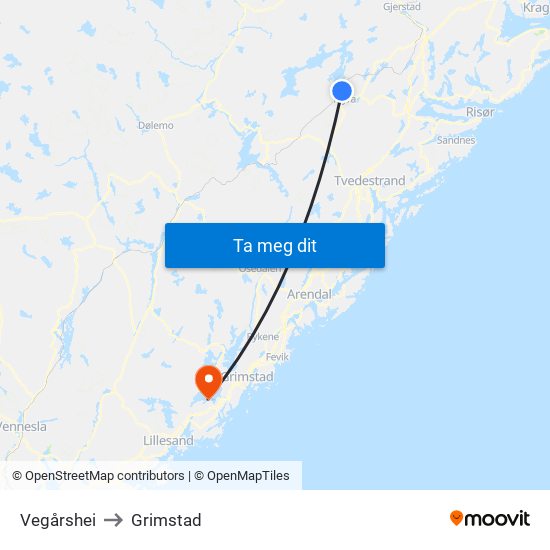 Vegårshei to Grimstad map