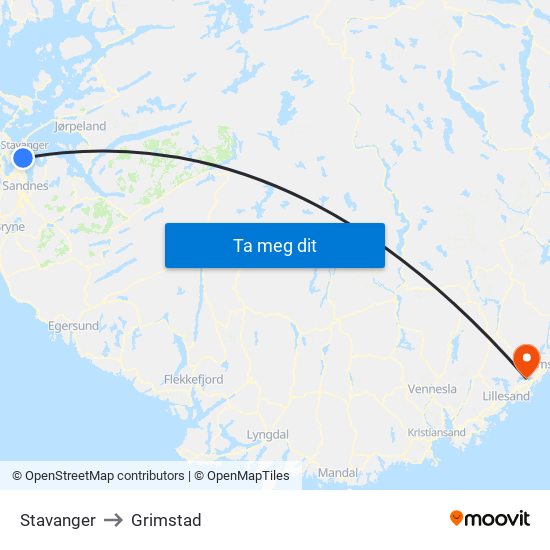 Stavanger to Grimstad map