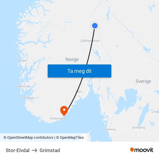 Stor-Elvdal to Grimstad map