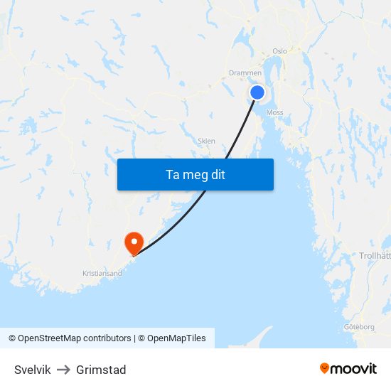 Svelvik to Grimstad map