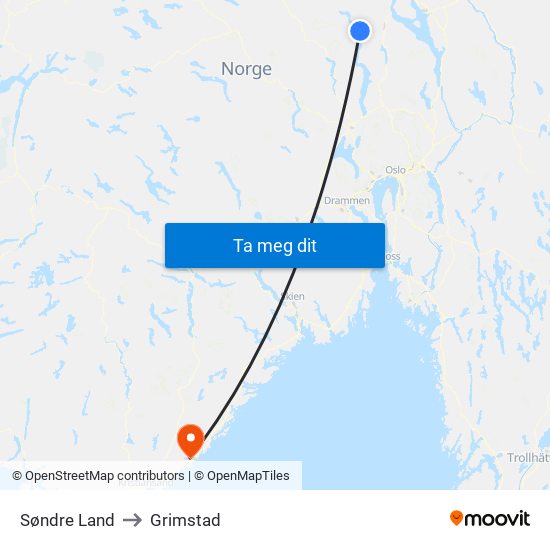 Søndre Land to Grimstad map