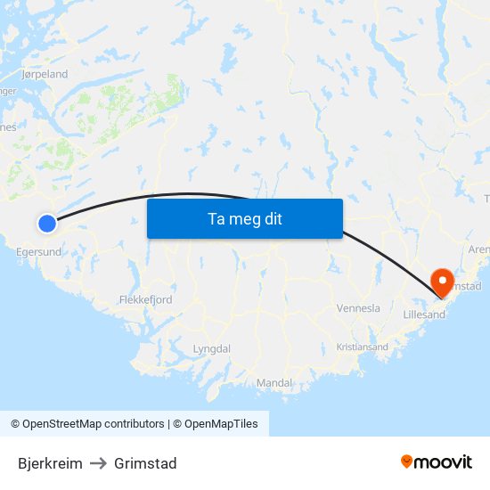 Bjerkreim to Grimstad map