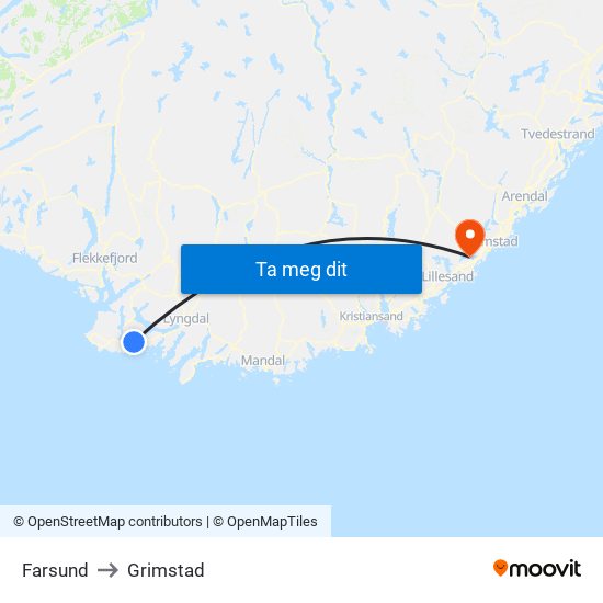 Farsund to Grimstad map