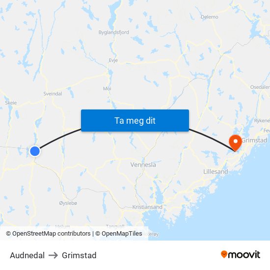 Audnedal to Grimstad map