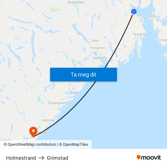 Holmestrand to Grimstad map