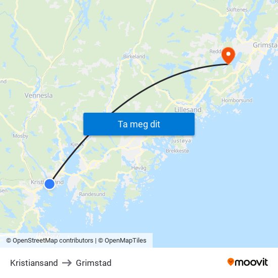 Kristiansand to Grimstad map